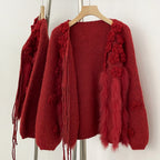 OFTBUY New Spring Winter Real Fox Fur Cardigan Clothing Women 3D Flowers Kint Sweater Coat Female Loose V-neck Knitwear Jacket