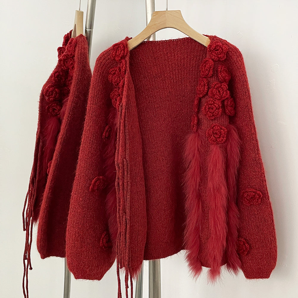 OFTBUY New Spring Winter Real Fox Fur Cardigan Clothing Women 3D Flowers Kint Sweater Coat Female Loose V-neck Knitwear Jacket