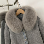 OFTBUY Denim Trim Warm Autumn Winter Fashion Outerwear Sweater Female New Women's Knit Cardigan with Large Real Fox Fur Collar