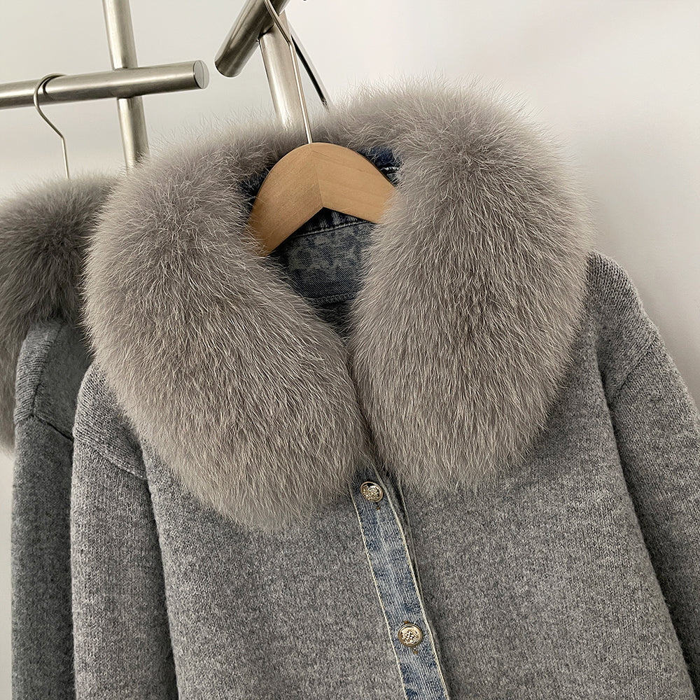 OFTBUY Denim Trim Warm Autumn Winter Fashion Outerwear Sweater Female New Women's Knit Cardigan with Large Real Fox Fur Collar