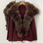 OFTBUY New Women's Knit Cardigan with Oversized Real Fox Fur Collar Belt Luxury Warm Winter Outerwear Sweater Jacket Female