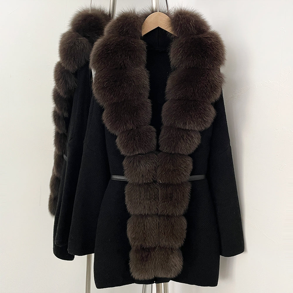 OFTBUY Metal Belt Knit Warm Winter Luxury Fashion Outerwear Sweater Cardigan New Women's Knit Coat with Full Real Fox Fur Front