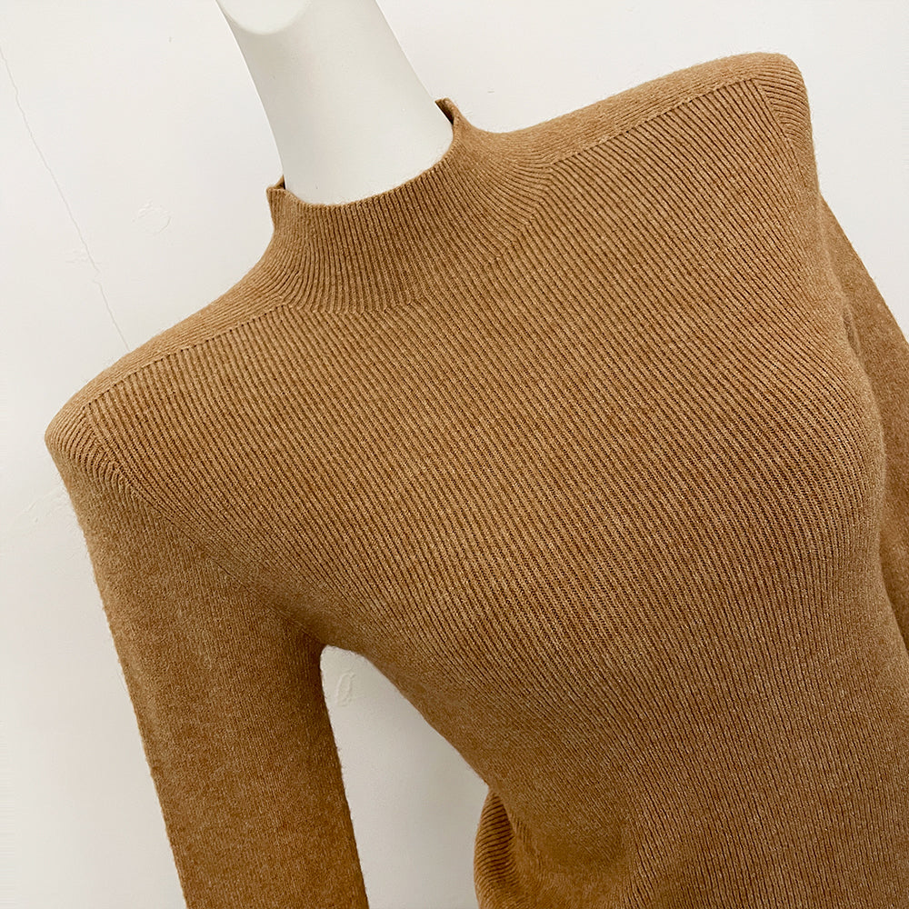 OFTBUY Luxury Mock Neck Ribbed Knit Top with Oversized 100% Real Fox Fur Cuffs