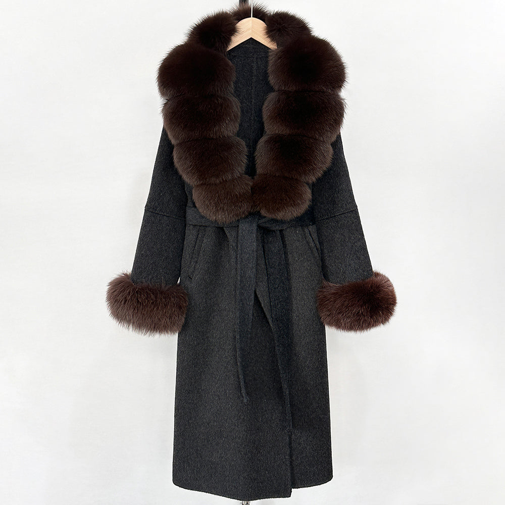 OFTBUY New Women's Double-Faced Wool Coat with Large Real Fox Fur Belted Warm Winter Luxury Fashion Outerwear Woolen Jacket Lady