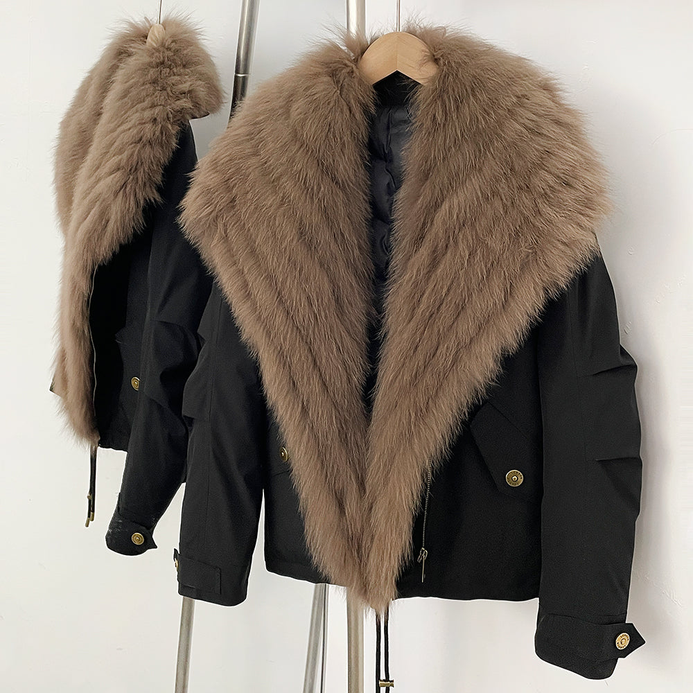 OFTBUY Luxury Wide Real Fox Fur Collar 90% Duck Down Short Parka Jacket - Cargo Pocket Windproof Down Coat