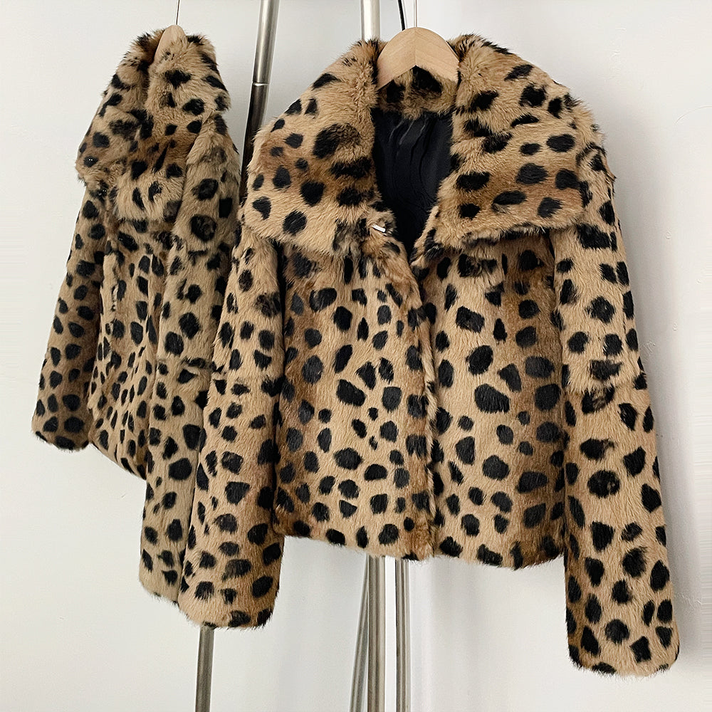 OFTBUY Luxury Leopard Print Real Rabbit Fur Cropped Jacket - Wide Notched Lapel Genuine Rabbit Fur Short Winter Coat