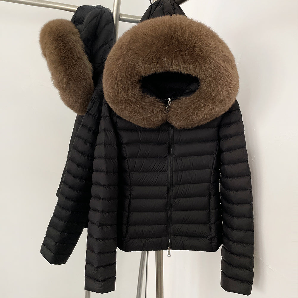 OFTBUY Hooded Slim Real Fox Fur Collar Fluffy Puffer Jacket Women New Winter Short Top Clothing Female Fur White Duck Down Coat