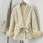 OFTBUY 100% Wool Wrap Belted Short Coat - Wide Shawl Lapel Real Fox Fur Cuff Luxury Double Sided Wool Jacket