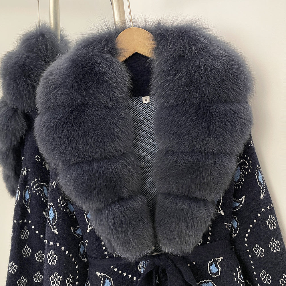 OFTBUY New Luxury Clothes Winter Outerwear Lady Women's Paisley Knit Cardigan with Real Fox Fur Trim Belted Sweater Coat Female