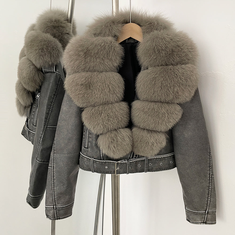 OFTBUY Natural Fox Fur Faux Leather Jacket Female New Autumn Short Top Clothing Women Long Sleeve Fake Leather Real Fur Coat