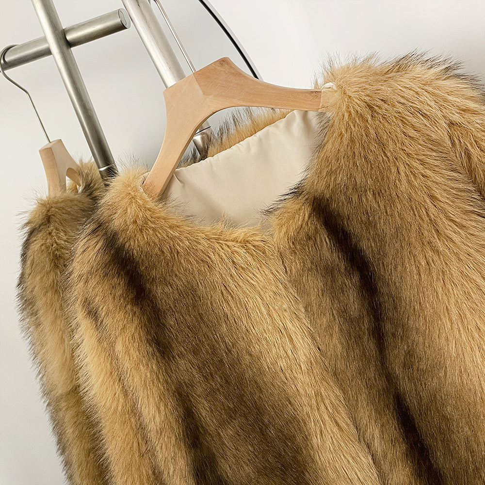 OFTBUY Luxury Collarless Faux Fur Jacket - Chic Short Fluffy Vegan Fur Coat for Women