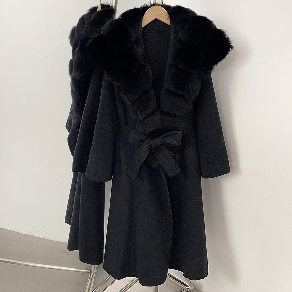 OFTBUY Long Belt Real Fur Wool Coat Female New Autumn Winter Warm Clothes Women Natural Fox Fur Collar Cashmere Woolen Jacket