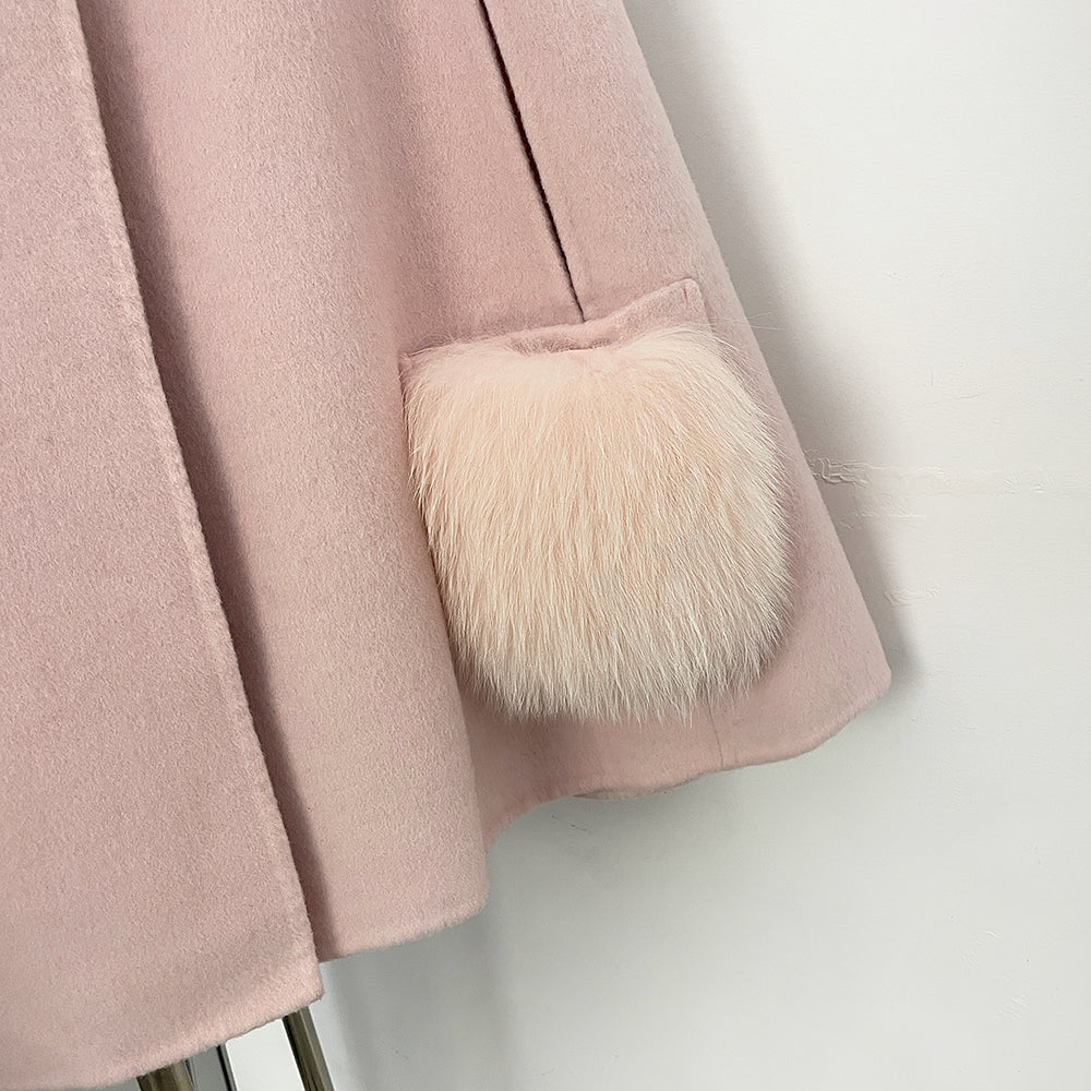 OFTBUY  New Women's Wool Cape Coat with Large Bow Detail Real Fox Fur Pockets Button Closure Winter Elegant Fashion Outerwear