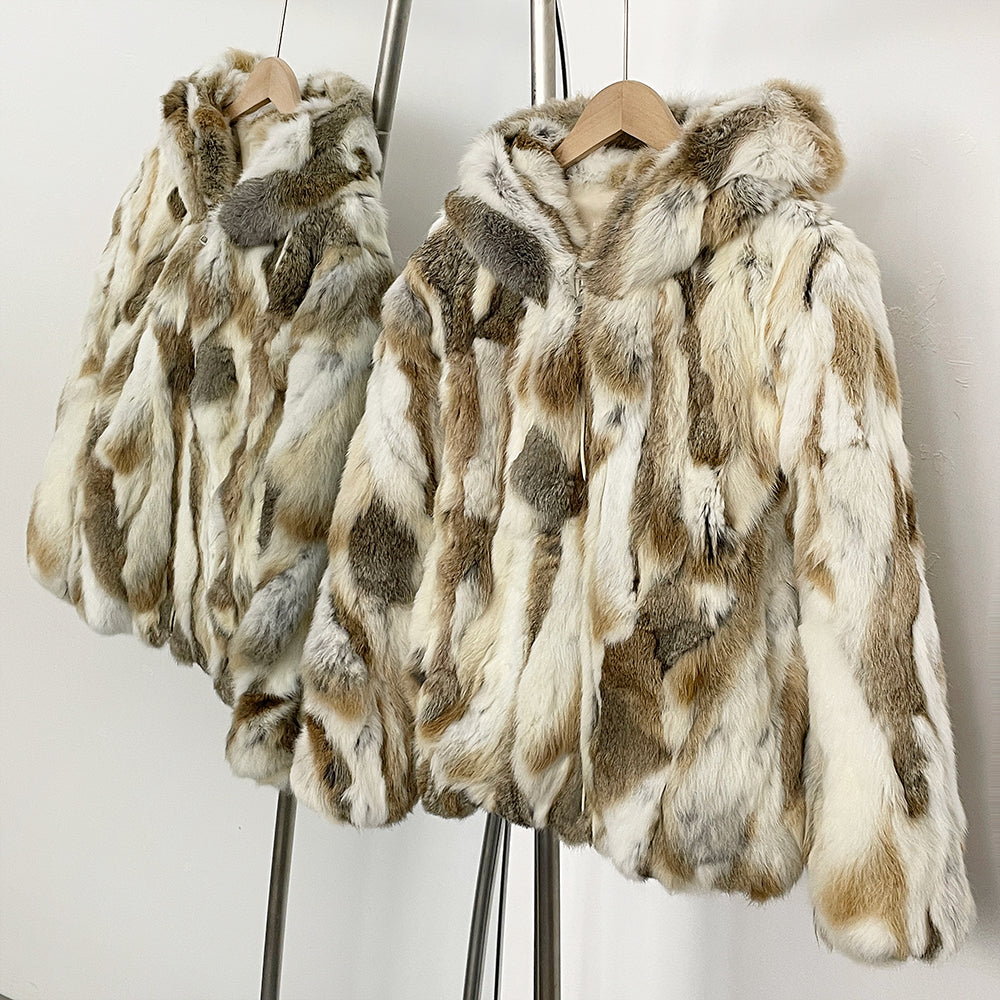 OFTBUY Hooded Zipper Natural Rabbit Fur Jacket Female New Fahsion Autumn Winter Clothes Women Thickened Warm Real Fur Coat Lady