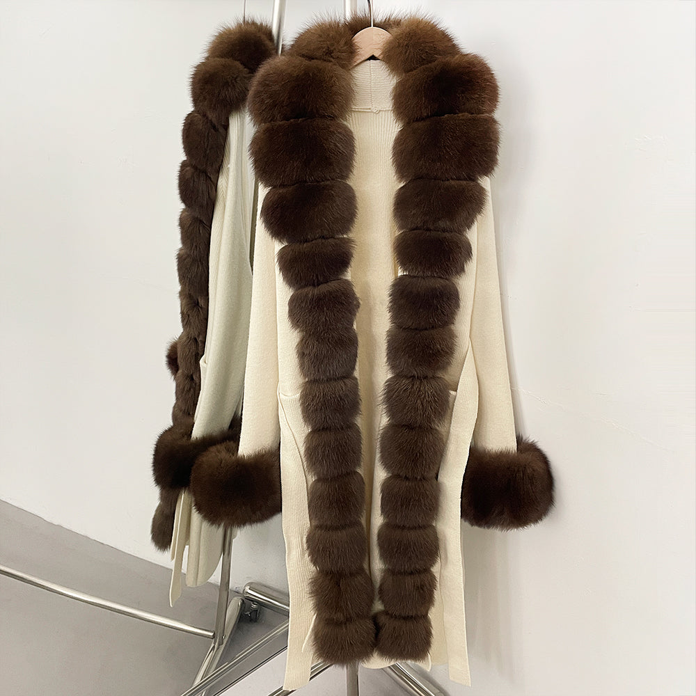 OFTBUY Cardigan Sweater New Women's Knit Long Coat with Full Real Fox Fur Belted Pockets Warm Winter Elegant Fashion Outerwear