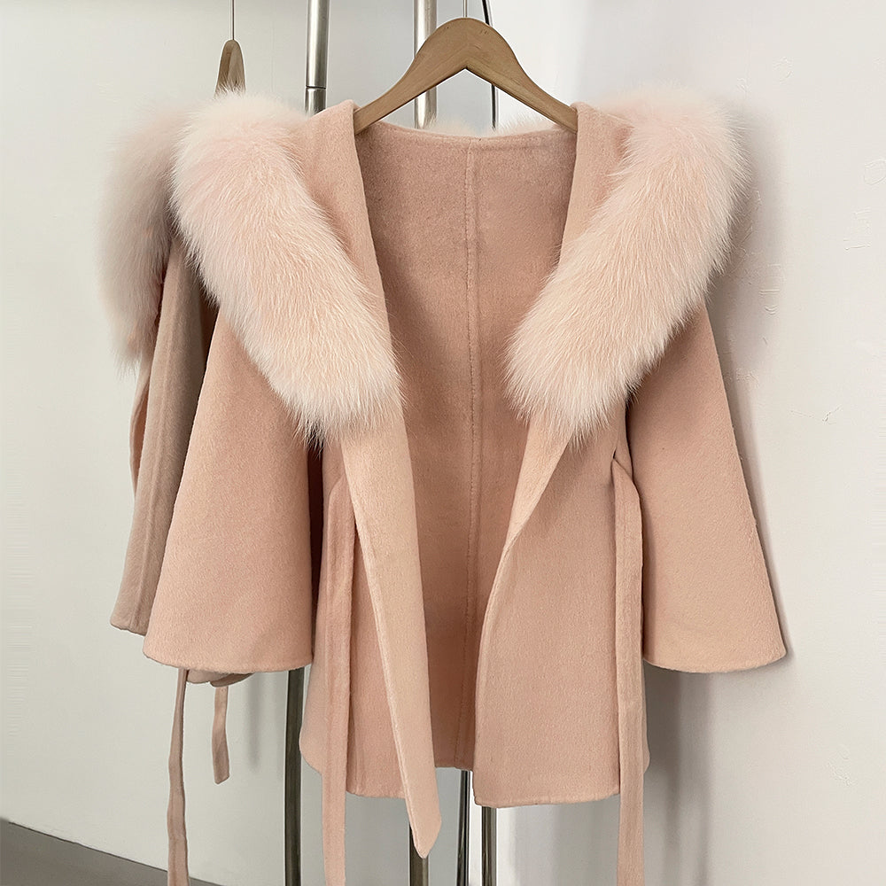 OFTBUY New Autumn Winter Wool Clothing Women Belt Hooded Real Fox Fur Cape Coat Female Fashion Warm Woolen Natural Fur Jacket