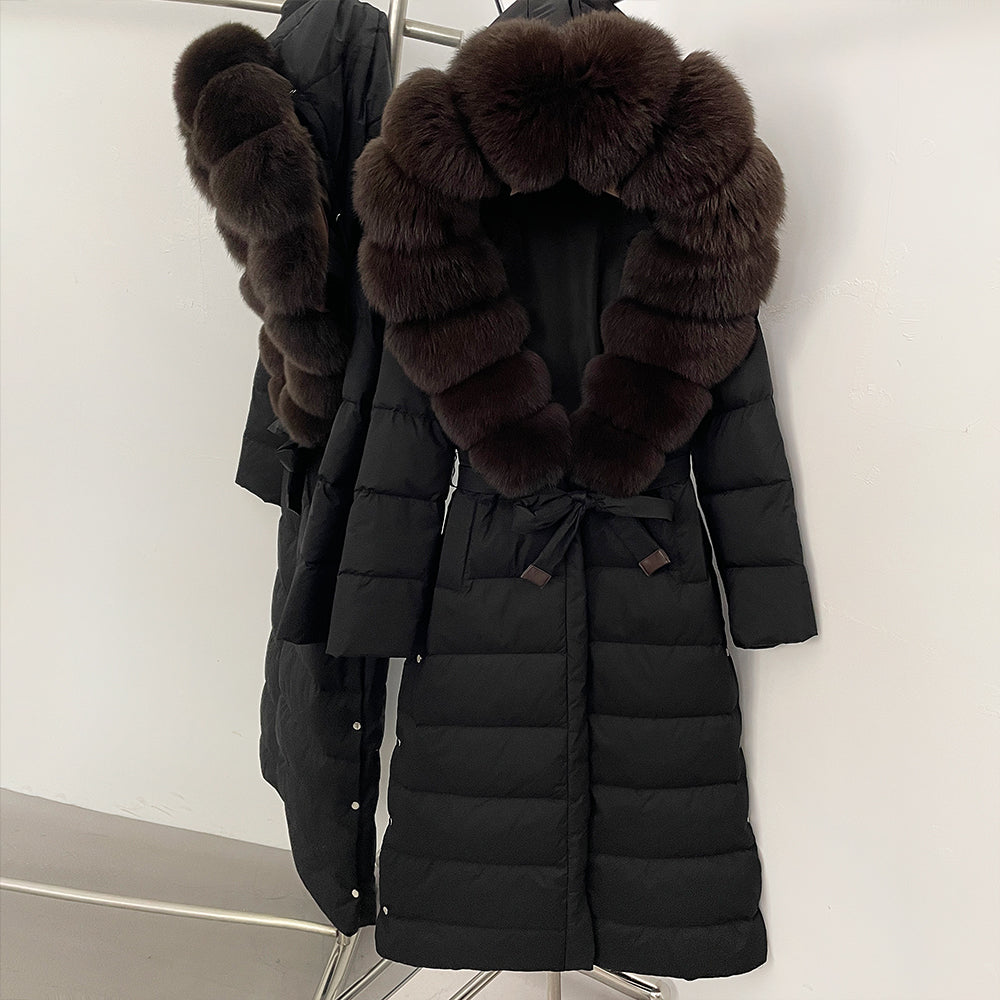 OFTBUY Hooded Winter White Duck Down Coat Large Real Fox Fur Collar X-Long Puffer Jacket Women Thick Female Parkas With Belt