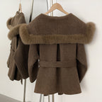 OFTBUY Belt Luxury Fur Navy Collar Warm Jacket Female 100% Wool Coat with Real Fox Fur New Autumn Winter Woolen Colthes Women