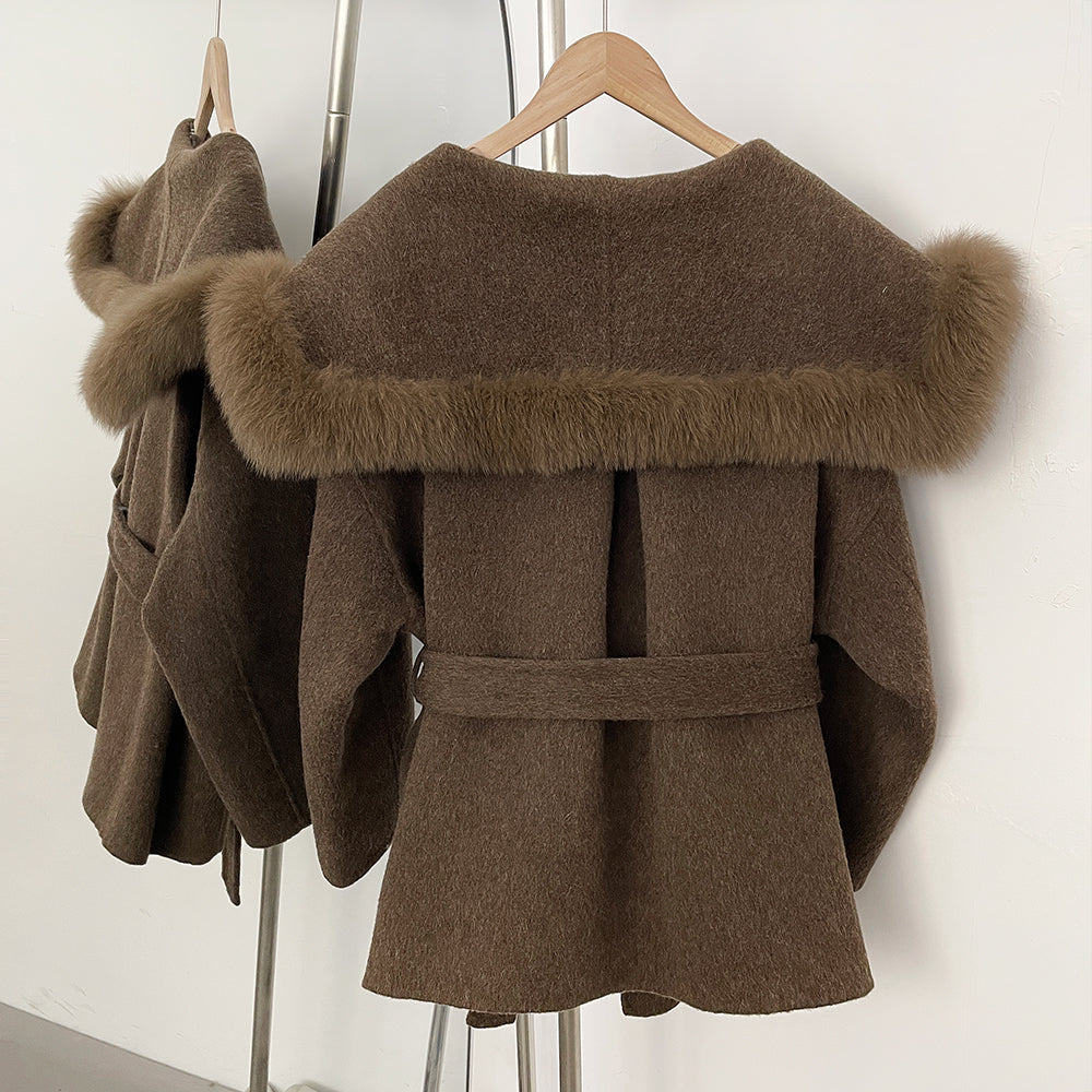 OFTBUY Belt Luxury Fur Navy Collar Warm Jacket Female 100% Wool Coat with Real Fox Fur New Autumn Winter Woolen Colthes Women