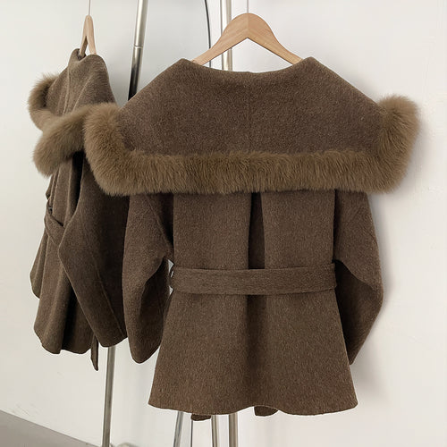 OFTBUY Belt Luxury Fur Navy Collar Warm Jacket Female 100% Wool Coat with Real Fox Fur New Autumn Winter Woolen Colthes Women