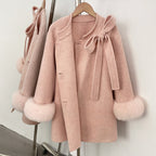 OFTBUY Bow Wool Jacket Mid-length Round Neck 100% Wool Coat Female New Autumn Winter Double-breasted Real Fox Fur Woolen Clothes
