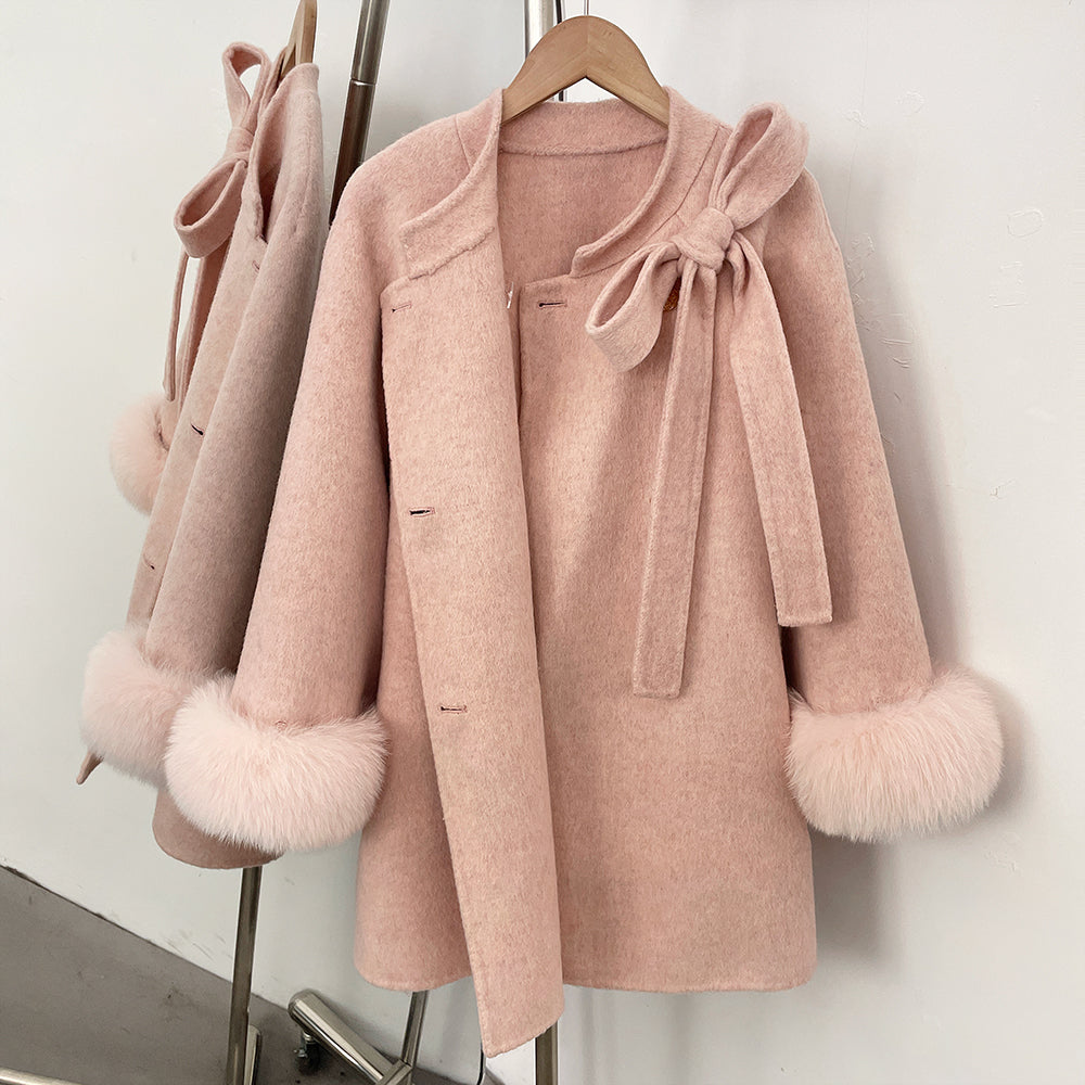 OFTBUY Bow Wool Jacket Mid-length Round Neck 100% Wool Coat Female New Autumn Winter Double-breasted Real Fox Fur Woolen Clothes
