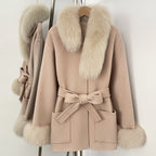 OFTBUY New Women's Wool Coat with Real Fox Fur Collar Cuffs Belted Bow Pockets Warm Winter Elegant Fashion Outerwear Female
