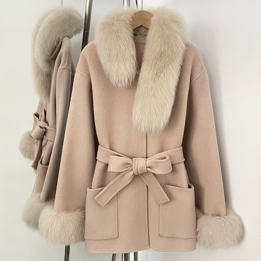 OFTBUY New Women's Wool Coat with Real Fox Fur Collar Cuffs Belted Bow Pockets Warm Winter Elegant Fashion Outerwear Female