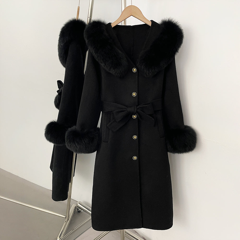 OFTBUY New Women's Wool Coat with Real Fox Fur Collar Cuffs Belted Waist Gold Button Elegant Winter Luxury Outerwear Female
