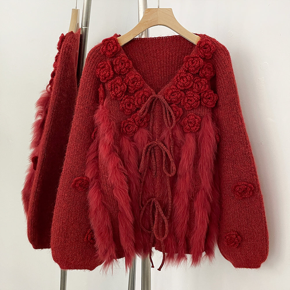 OFTBUY New Spring Winter Real Fox Fur Cardigan Clothing Women 3D Flowers Kint Sweater Coat Female Loose V-neck Knitwear Jacket