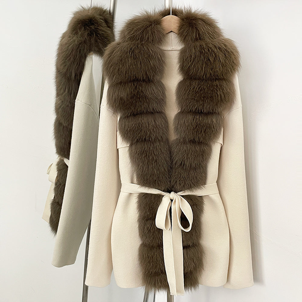 OFTBUY Luxury Warm Winter Fashion Outerwear New Women's Knit Cardigan with Oversized Real Fox Fur Trim Self-Tie Belt Sweater