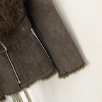OFTBUY Real Rabbit Fur Lining Belted Winter Luxury Outerwear New Women's Faux Suede Jacket with Real Mongolian Sheep Fur Collar
