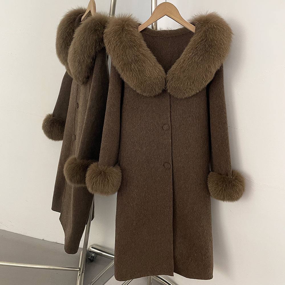 OFTBUY Pompoms Buttons Warm Winter Elegant Outerwear Female New Women's Double Face Wool Coat with Large Real Fox Fur Collar