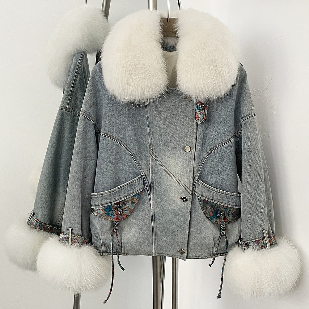 OFTBUY New Autumn Winter Clothes Female Real Fox Fur Goose Down Inner Lid Denim Jacket Women Thick Warm Fur Puffer Jacket Lady