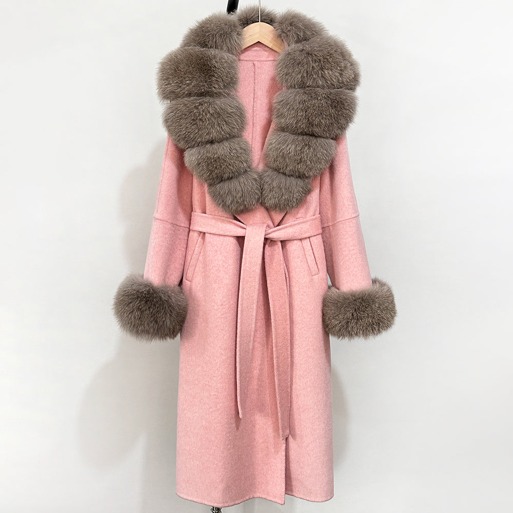 OFTBUY New Women's Double-Faced Wool Coat with Large Real Fox Fur Belted Warm Winter Luxury Fashion Outerwear Woolen Jacket Lady