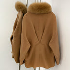OFTBUY New Women's Wool Coat with Large Real Fox Fur Collar Loose Fit Back Detail Pockets Warm Winter Elegant Fashion Outerwear