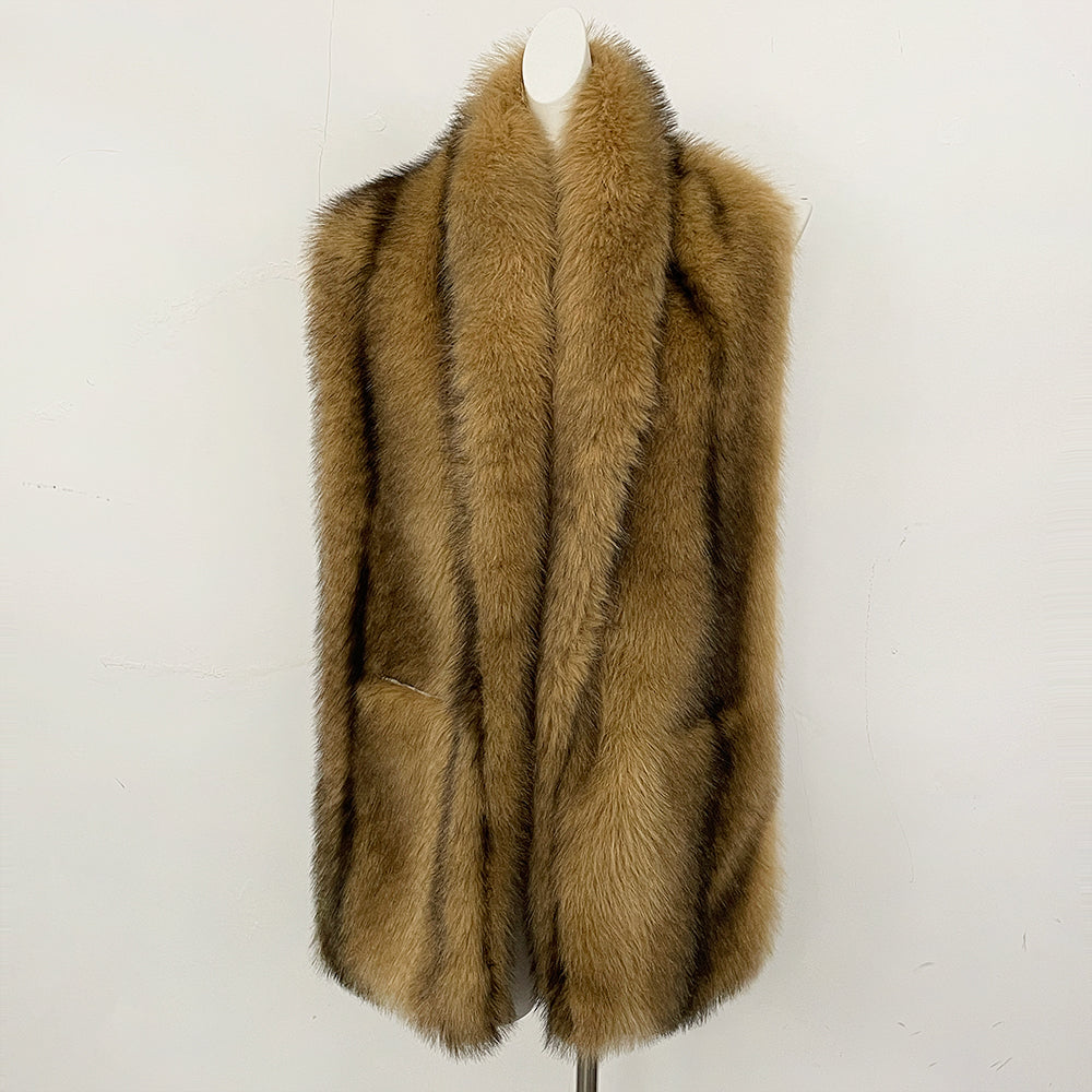 OFTBUY Luxury Long-Line Faux Fur Gilet - Premium Vegan Fox Fur Sleeveless Overcoat with Oversized Shawl Collar