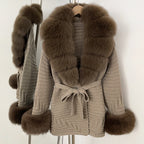 OFTBUY Belted Waist Striped Texture Pockets New Women's Knit Coat with Large Real Fox Fur Collar Winter Luxury Elegant Outerwear