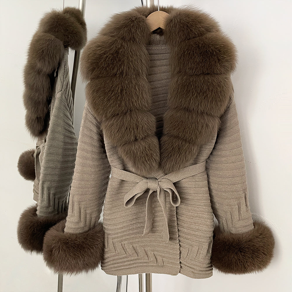OFTBUY Belted Waist Striped Texture Pockets New Women's Knit Coat with Large Real Fox Fur Collar Winter Luxury Elegant Outerwear