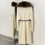 OFTBUY Warm Winter Elegant Fashion knit Outerwear female New Women's Knit Long Coat with Large Real Fox Fur Collar Belted Waist