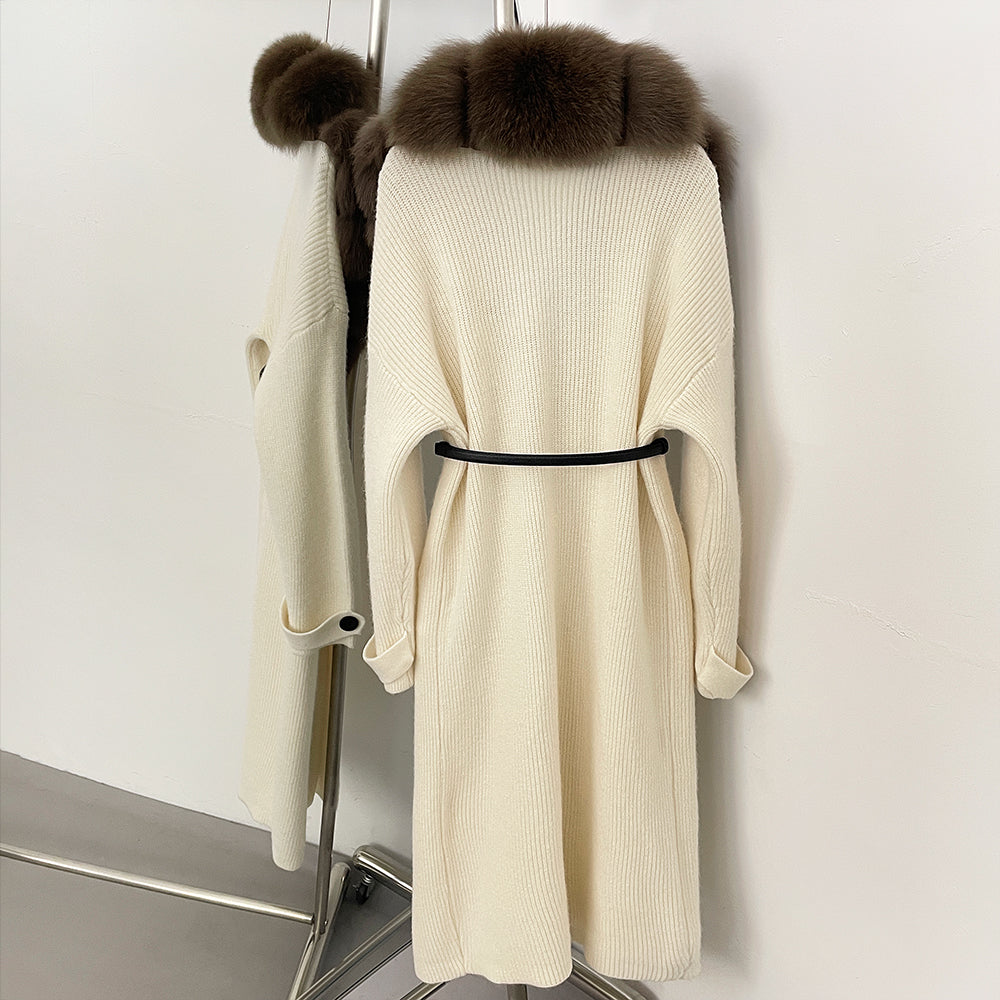 OFTBUY Warm Winter Elegant Fashion knit Outerwear female New Women's Knit Long Coat with Large Real Fox Fur Collar Belted Waist