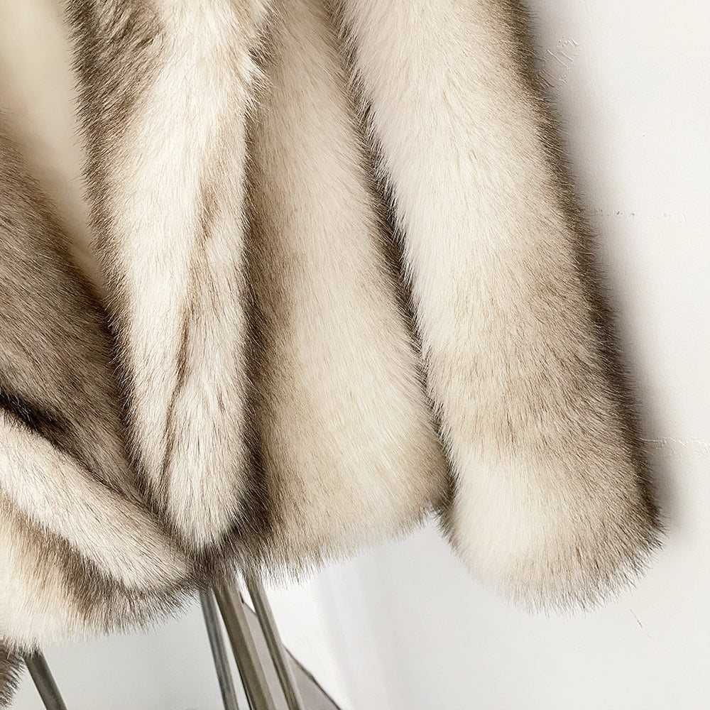 OFTBUY Luxury Hooded Faux Fur Jacket - Premium Vegan Silver Fox Style Cropped Winter Coat