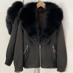 OFTBUY Luxury Real Fox Fur Collar Parka - Premium Real Rabbit Fur Lined Bomber Jacket for Extreme Cold
