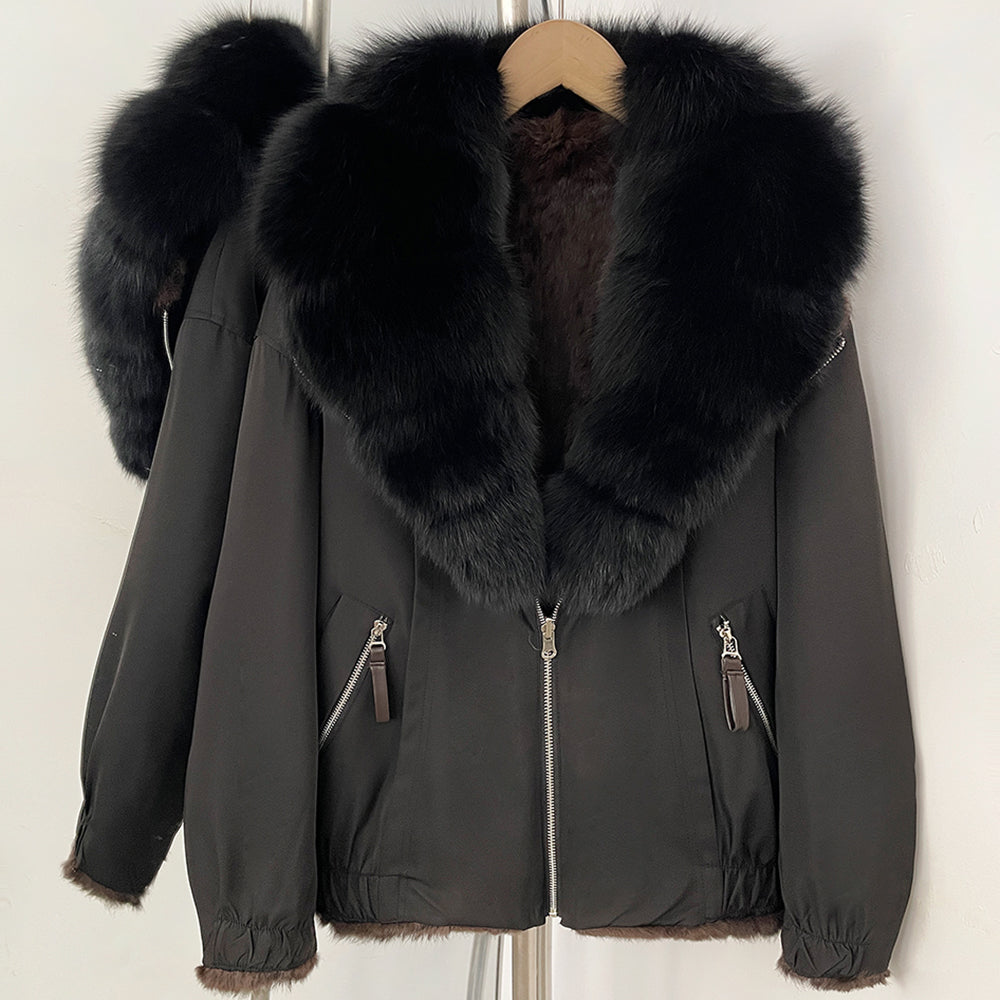 OFTBUY Luxury Real Fox Fur Collar Parka - Premium Real Rabbit Fur Lined Bomber Jacket for Extreme Cold