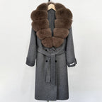 OFTBUY Winter Jacket Women Woolen Blends Coat Natural Real Fox Fur Collar Belt Loose Outerwear Casual Outerwear Streetwear