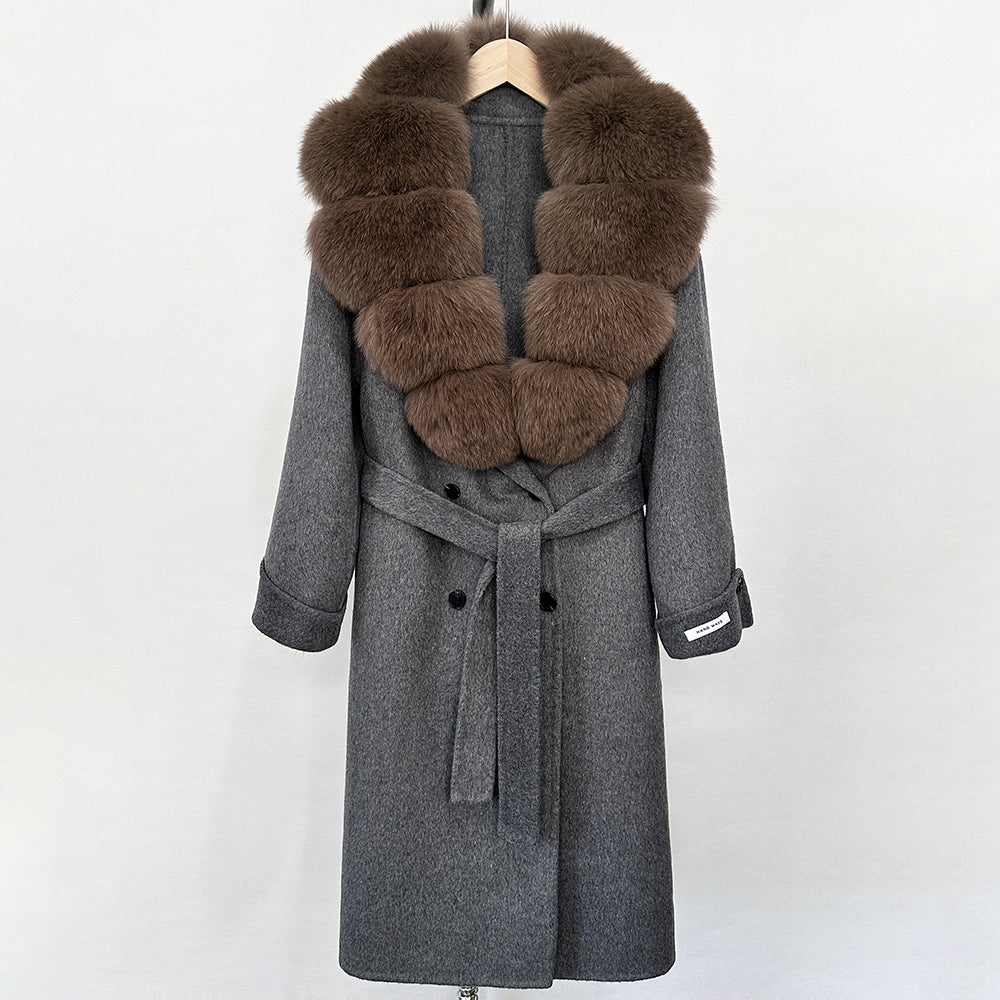 OFTBUY Winter Jacket Women Woolen Blends Coat Natural Real Fox Fur Collar Belt Loose Outerwear Casual Outerwear Streetwear