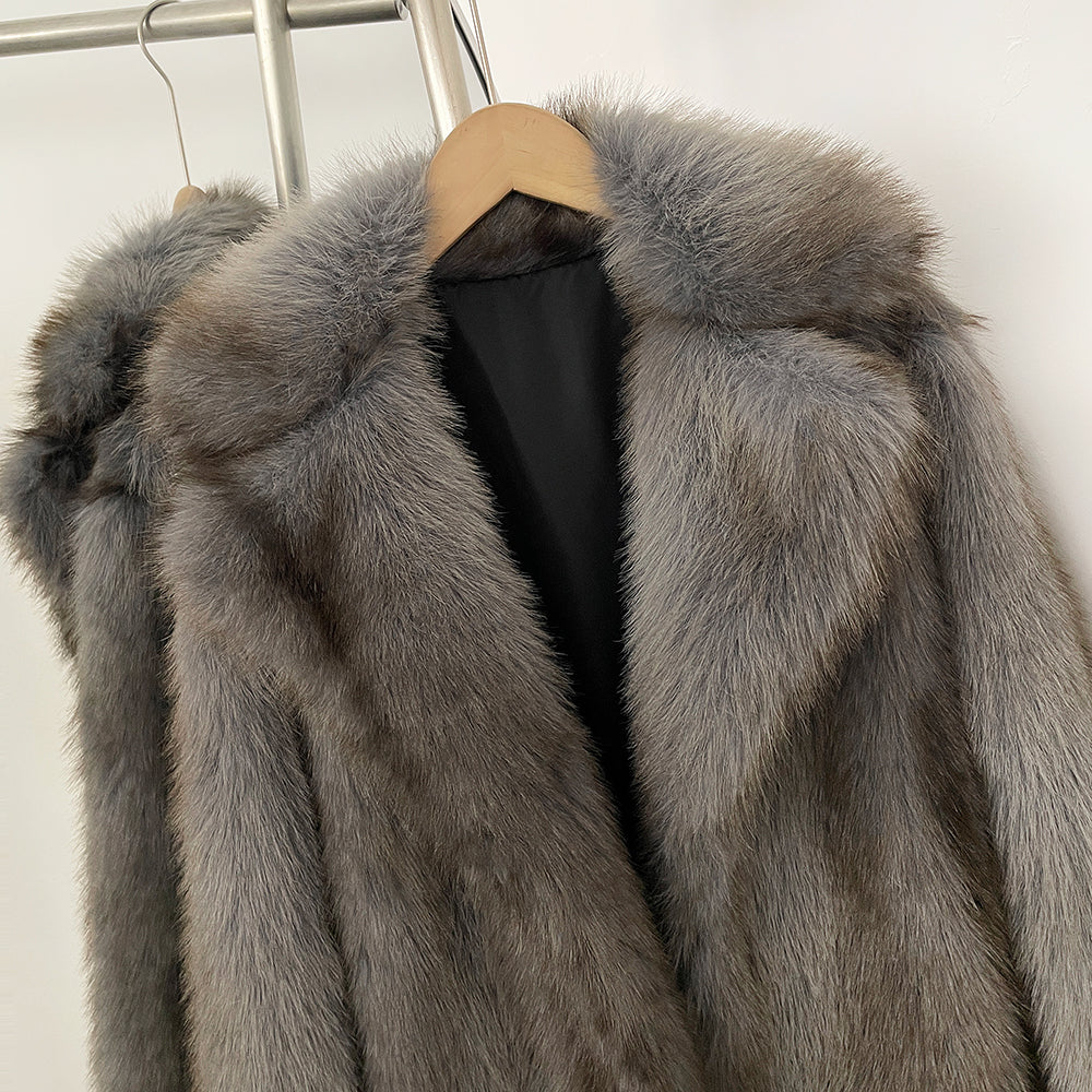 OFTBUY Luxury Long-Line Notch Lapel Faux Fur Coat - Elegant Winter Vegan Fur Overcoat