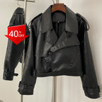 OFTBUY Fashion Outerwear Fake Leather Coat Female New Women's Cropped Faux Leather Jacket Lapel Collar Belted Loose Streetwear