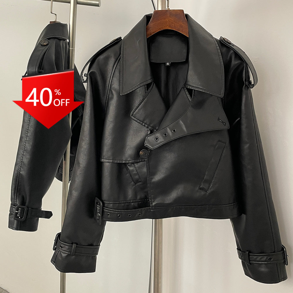 OFTBUY Fashion Outerwear Fake Leather Coat Female New Women's Cropped Faux Leather Jacket Lapel Collar Belted Loose Streetwear