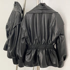 OFTBUY New Women's Faux Leather Jacket Oversized High Neck Zipper Elastic Waist Vintage Coat Female Streetwear Fashion Outerwear